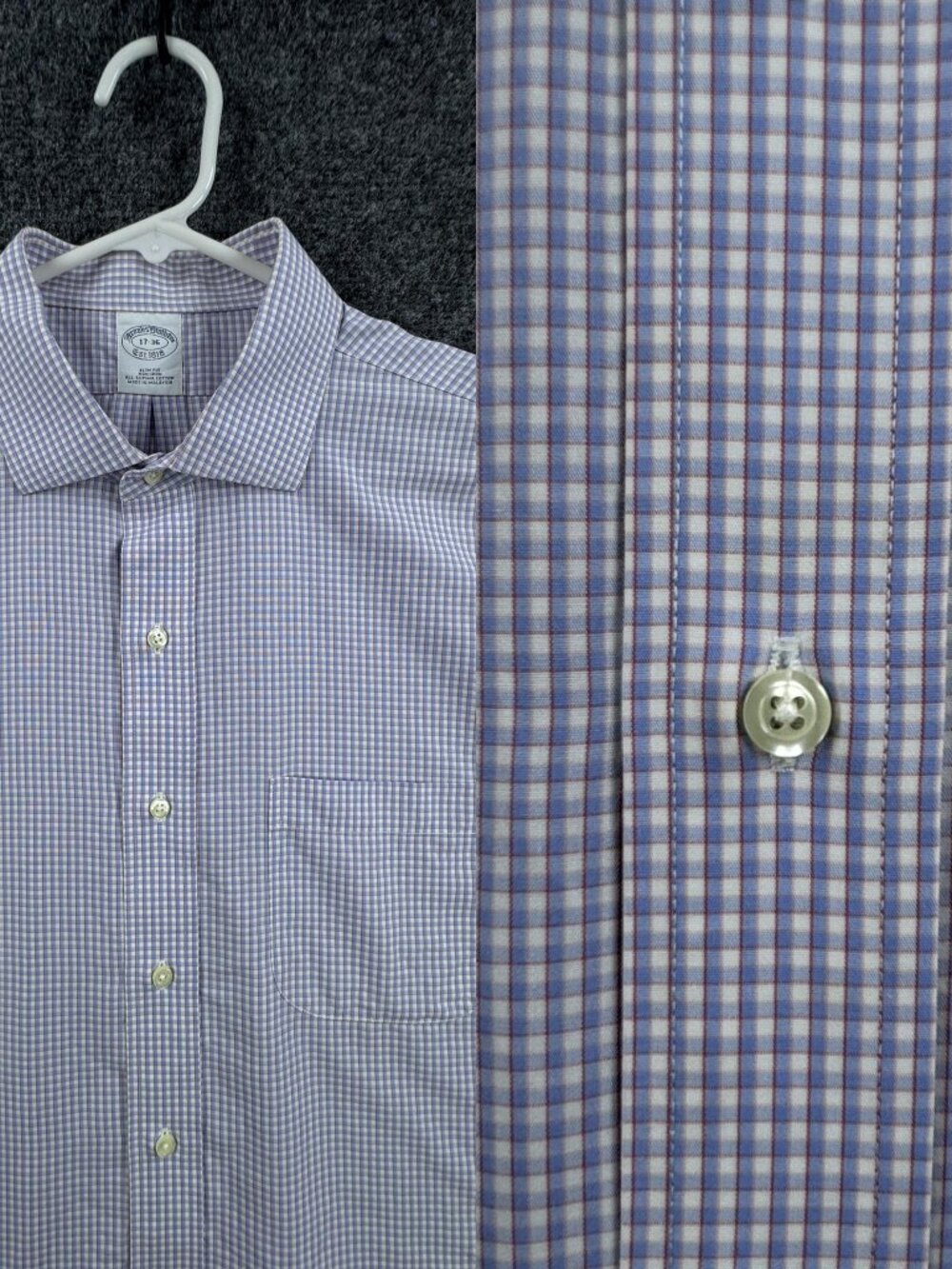 Brooks Brothers Non-Iron Blue White Slim Cotton 17 36 Check Business Mens Shirt